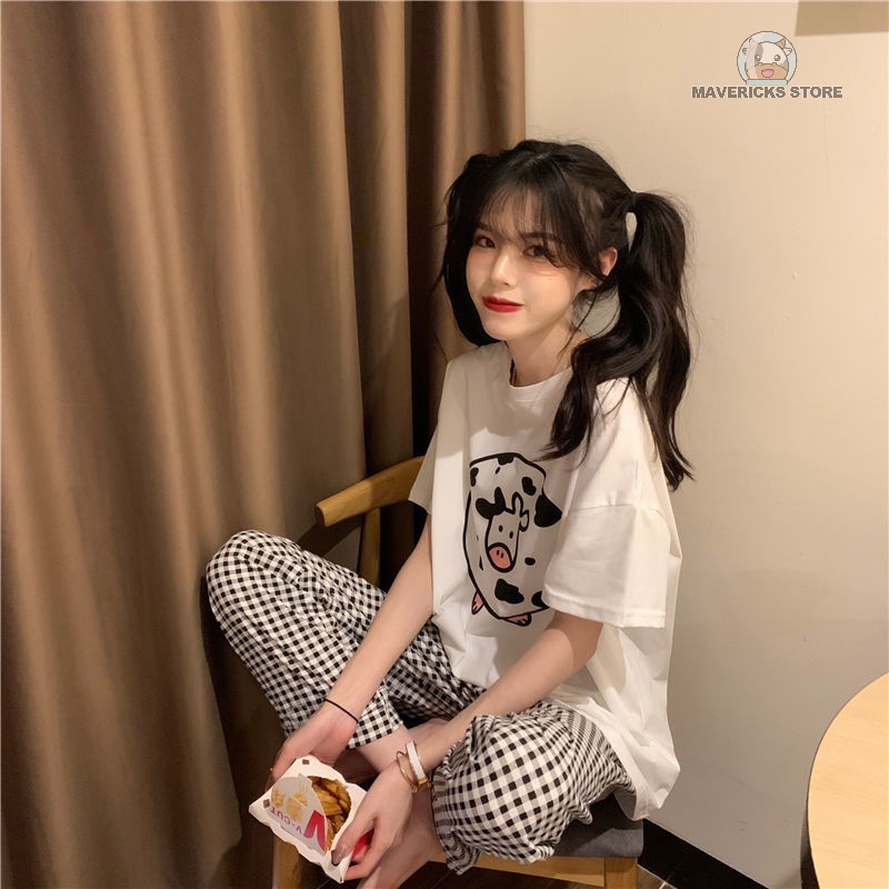 Bộ áo tay ngắn in họa tiết con bò và quần dài lưng cao sọc ca rô thời trang mùa hè mặc ở nhà dành cho nữ