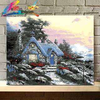 Tranh sơn dầu tự tô số hóa tự tô phong cảnh mùa đông - Ngôi nhà tuyết