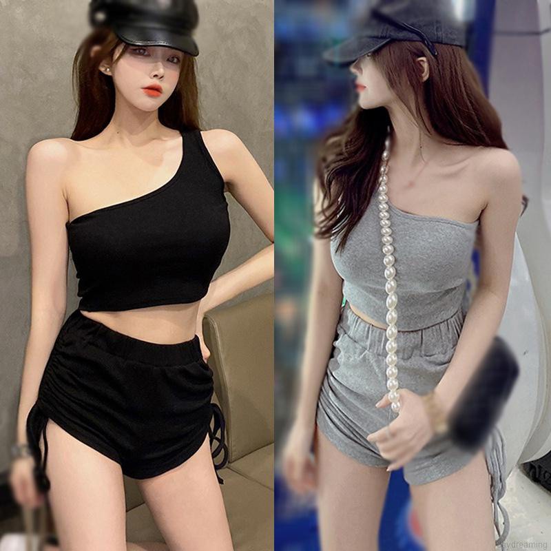 Bộ Áo Tank Top 2 Dây + Quần Short Lưng Cao Cá Tính Cho Nữ