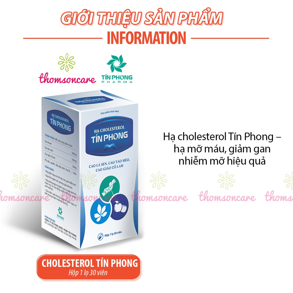 Hỗ trợ giảm mỡ máu - Hạ Cholesterol Tín Phong - hộp 30v từ lá sen, giảo cổ lam, hỗ trợ giảm cân, béo phì