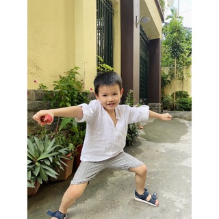 Áo sơ mi bé trai cổ trụ Linen lụa