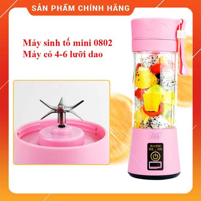 Máy xay sinh tố mini cầm tay 0802 có pin sạc nhiều màu 50W - 4 lưỡi dao + [tặng bộ vệ sinh máy]