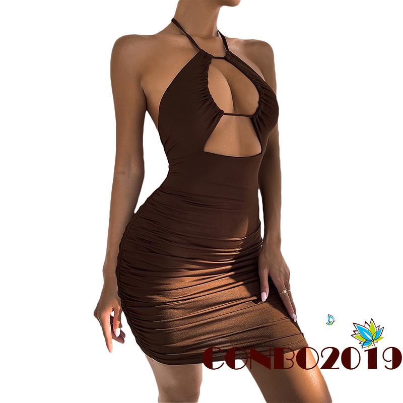 Đầm Ôm Dáng Cổ Yếm Hở Lưng Màu Trơn Thời Trang Quyến Rũ Cho Nữ