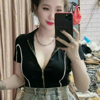 Áo thun croptop cổ trụ phối dây kéo cao cấp