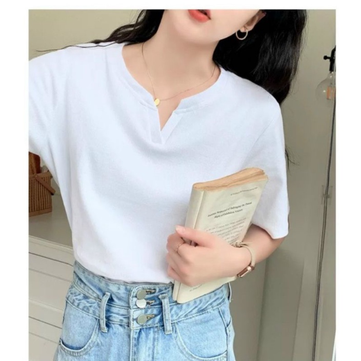 Áo thun nữ cổ xẻ trơn kiểu basic cực xinh trẻ trung hàng đẹp mẫu mới phong cách Hàn Quốc giá tốt phù hợp mọi độ tuổi