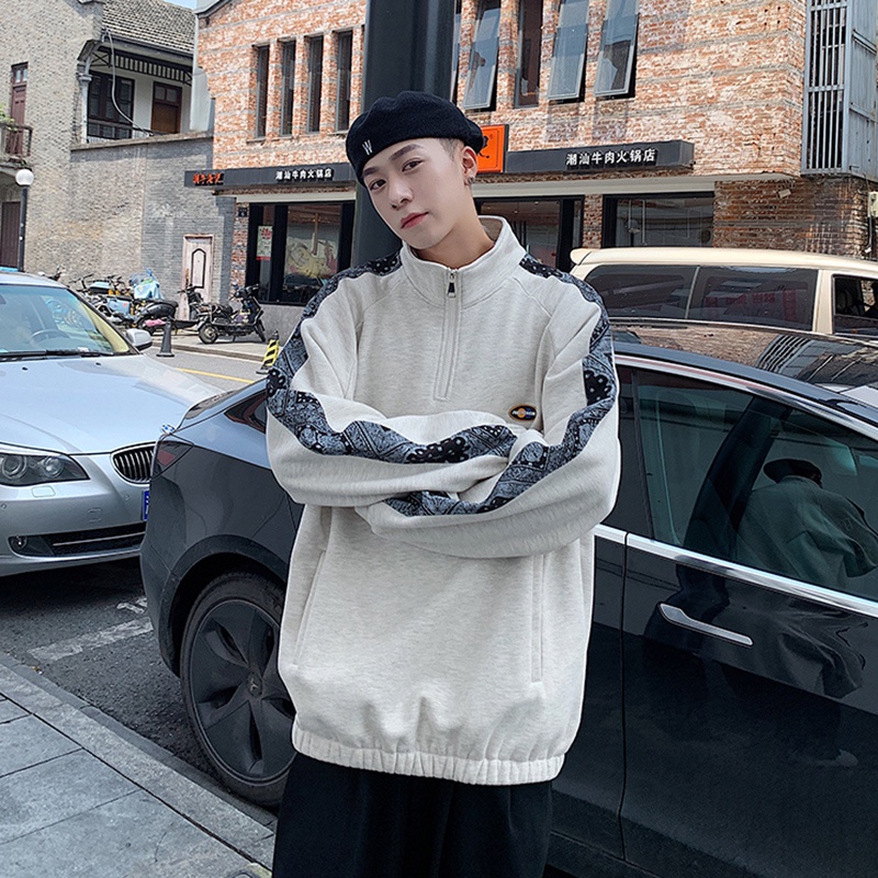 Áo khoác nỉ cổ đứng phối vải nhung họa tiết hoa có khóa kéo thời trang cho nam size M-2XL