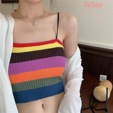 Women Knitted Rainbow Stripe Camisole Fashion Tank Top +cardigan Set