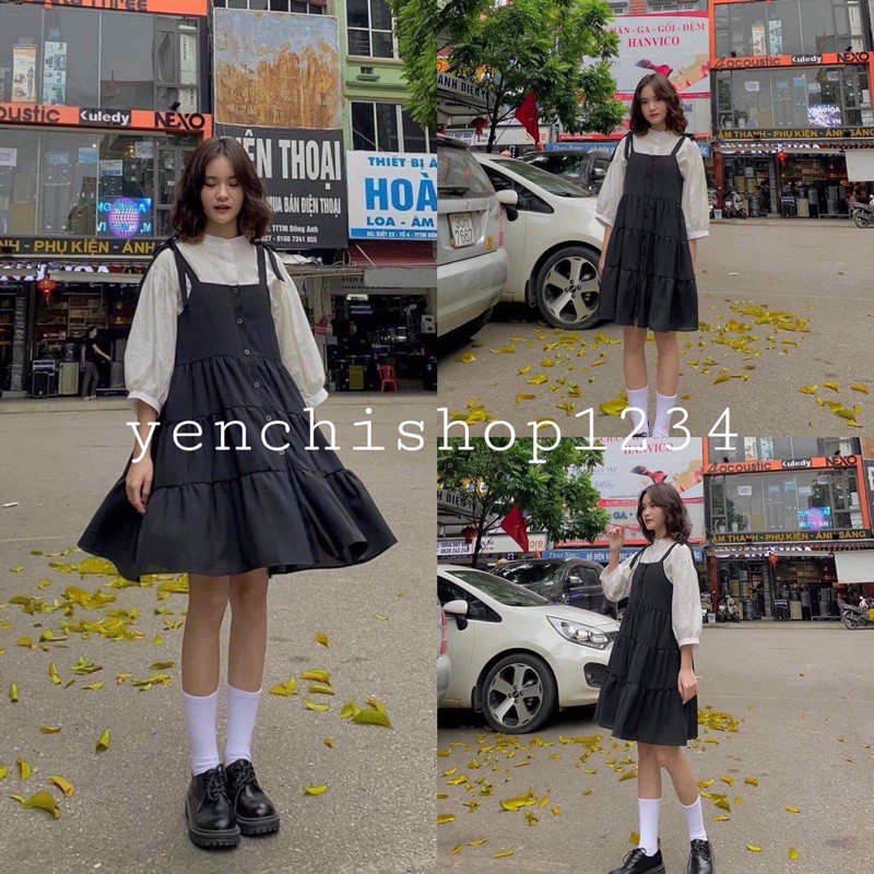 [Mã WAMT1505 giảm 10K đơn 0K] Set Váy Yếm Đen Kèm Áo Sơ Mi Trắng Tay Lỡ 🦋 Bộ Váy Yếm Áo sơ mi Dáng Rộng 🦋 | BigBuy360 - bigbuy360.vn