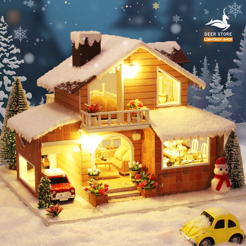 Nhà búp bê DIY. Mô hình nhà 3d | Quà tặng Noel tự làm | Tặng Bộ Trang Trí Giáng Sinh + Ông Già Noel +  Búp bê + Hộp Nhạc