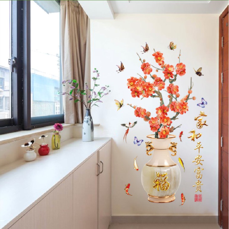 Decal trang trí tường - Chậu hoa Đỏ cùng bướm 3D nổi bật