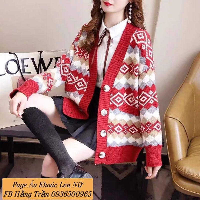 Áo khoác len cardigan nữ dáng dài from rộng họa tiết thổ cẩm.