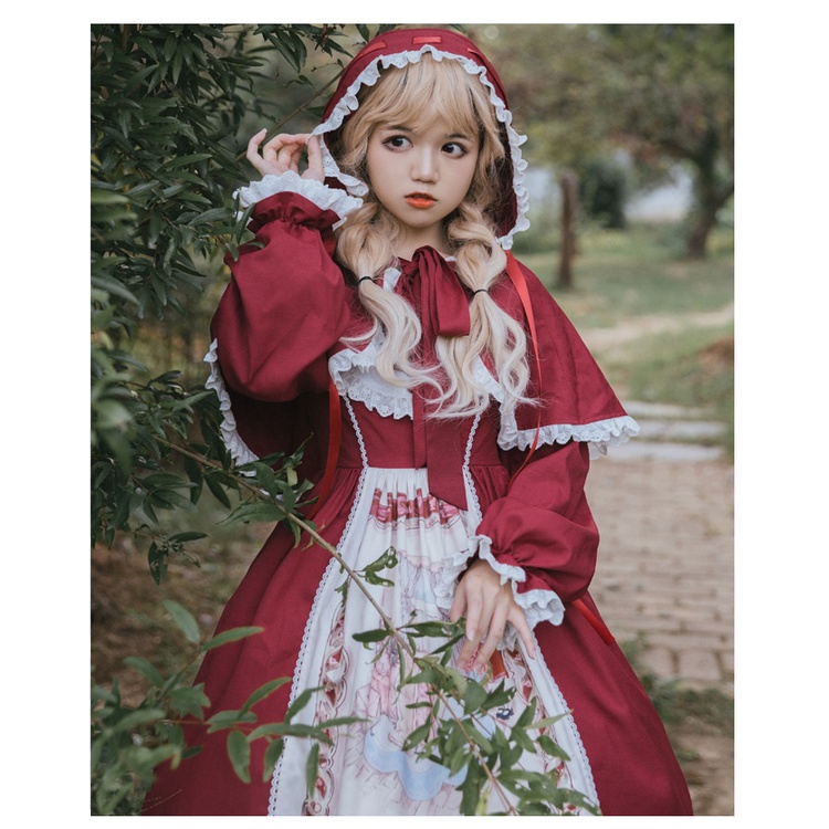 Sét váy lolita JSK + áo choàng khăn choàng nơ đỏ dễ thương