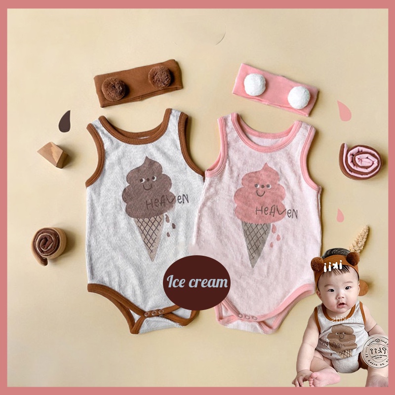 Bộ Áo Liền Quần Không Tay In Hình Que Kem Socola + 1 Băng Đô Dễ Thương Cho Bé Sơ Sinh
