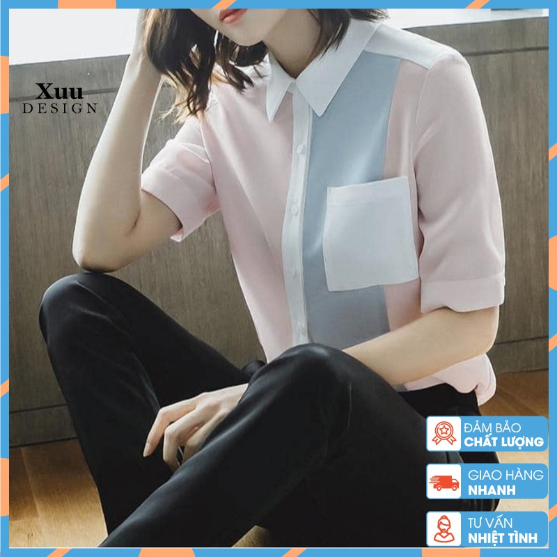 Áo sơ mi nữ tay ngắn công sở phối màu Xuu Design, Sơ mi kiểu nữ ngắn tay phối màu kiểu cách TK20.22