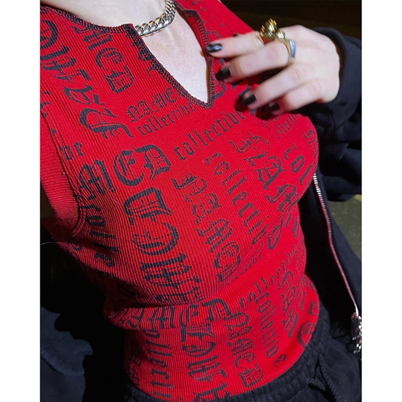 Áo Crop Top Không Tay Cổ Chữ V In Chữ Phong Cách Harajuku Thập Niên 90 Cho Nữ