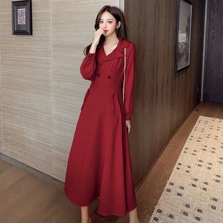 (SẴN ĐỎ M L) Váy dáng dài xoè cổ vest 2 hàng cúc túi 2 bên vintage [Ảnh thật 7,8,9]