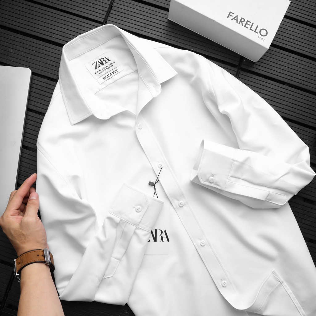 &lt;Mới&gt;Áo sơ mi nam trơn dài tay, gấp hộp, áo sơ mi công sở chất liệu lụa mịn cao cấp thời trang Zarra(Cam Kêt Chất Lượng)
