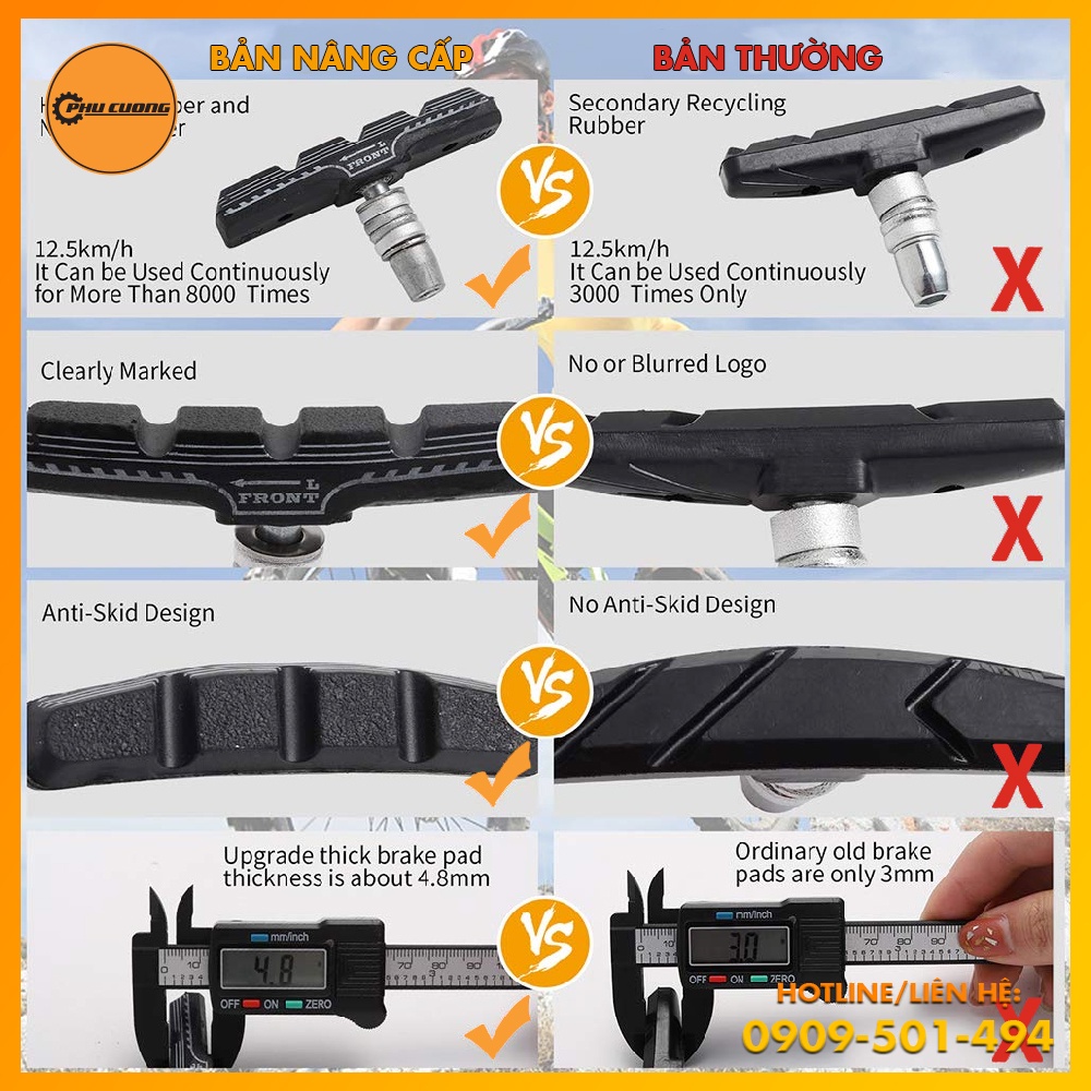 Vỉ Má Phanh V-Brake Khóa Nhôm Tích Hợp Cảnh Báo Độ Mòn - Chống Trượt Hiệu Quả &amp; Ngăn Tiếng Ồn Khi Phanh Gấp