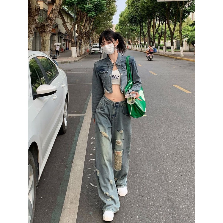 Phong Cách Mùa Thu Mới!F & X Set Áo Khoác Denim Dáng Ngắn Rộng Rách Cá Tính Ngọt Ngào Thời Trang Hè Thu Cho Nữ @