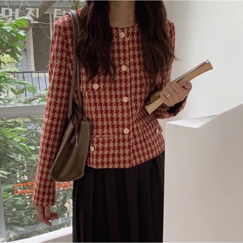 ÁO KHOÁC DẠ TWEED QUẢNG CHÂU MÀU KẺ ĐỎ THANH LỊCH NỔI BẬT | BigBuy360 - bigbuy360.vn