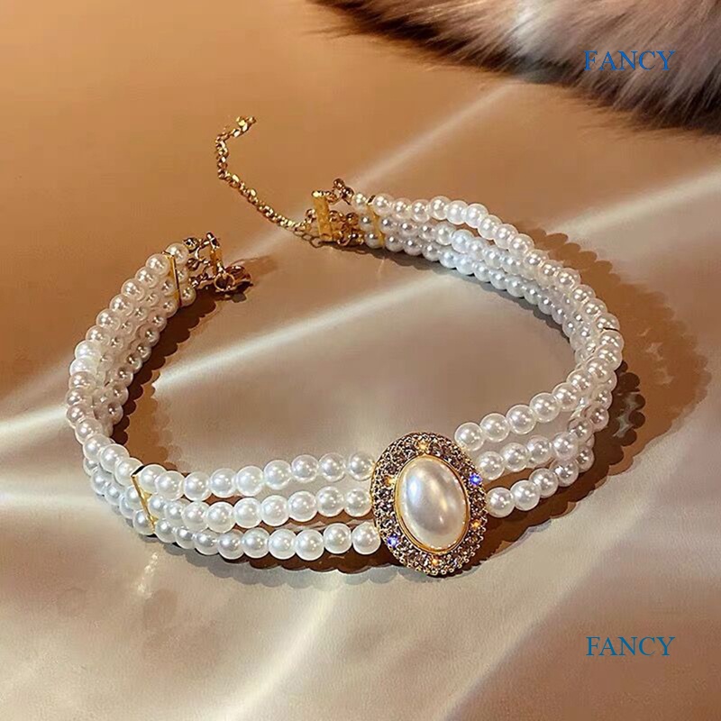 Vòng Cổ Choker Ba Tầng Đính Đá Ngọc Trai Giả Bằng Hợp Kim Phong Cách Baroque Hàn Quốc Sang Trọng Cá Tính Cho Nữ