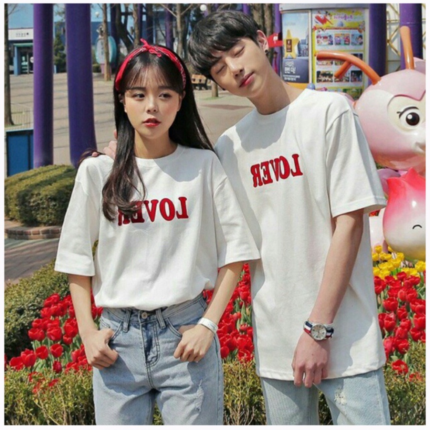 Áo Thun Phông Cặp Đôi Nam Nữ Ngắn Tay Cổ Tròn Màu Trắng Vải Cotton Organic In Tim I Love U Năng Động,Cá Tính