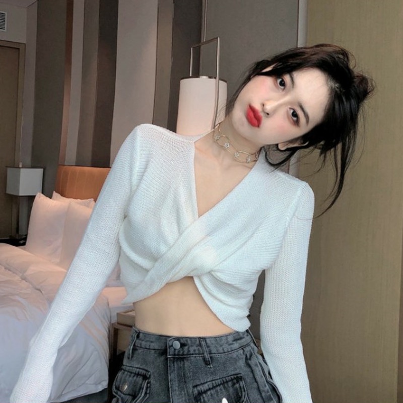 Áo Len Tay Dài Cổ Chữ V Màu Sắc Đơn Giản Phong Cách Retro Cho Nữ