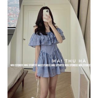 [ẢNH THẬT] ĐẦM VÁY TRỄ VAI PHỐI BÈO 4 TẦNG KẺ CARO SỌC VTVC4T