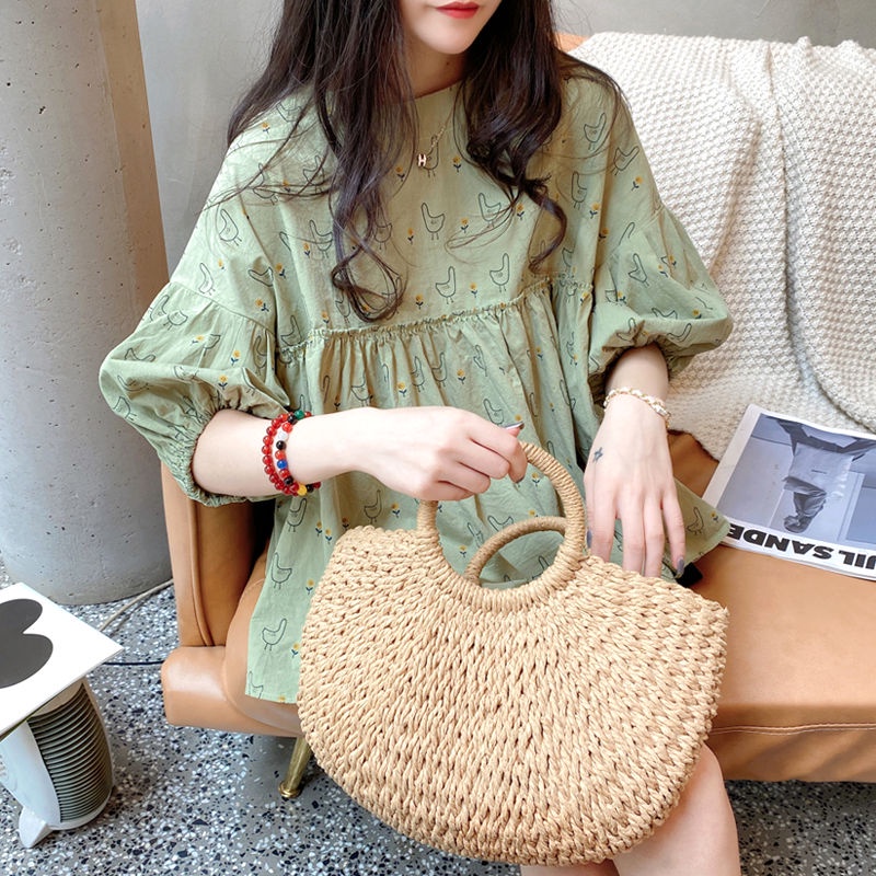 Áo Sơ Mi Tay Phồng Cổ Tròn Bằng Vải Lanh Cotton Họa Tiết Hoa Phong Cách Hàn Quốc Thời Trang Mùa Hè Mới Cho Nữ