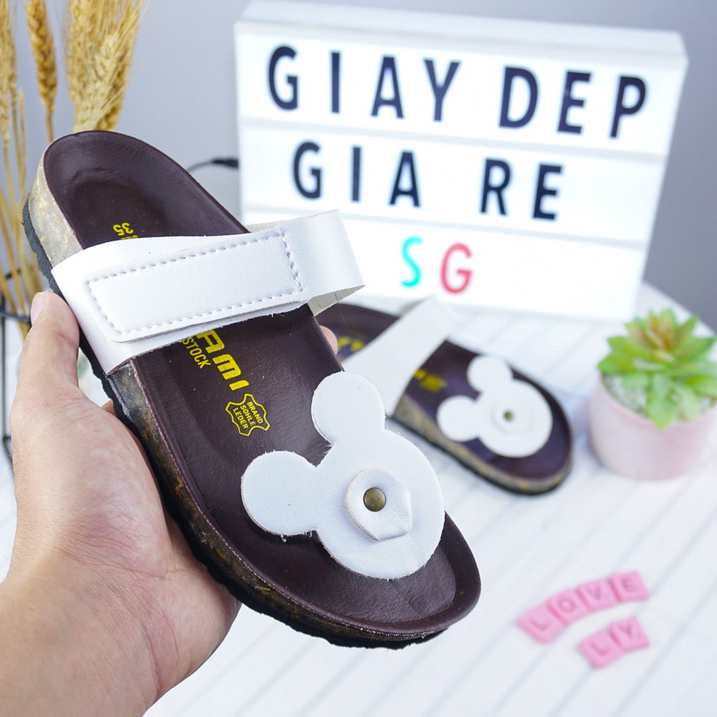 Dép xỏ ngón nữ đế trấu hình chuột Mickey - 2 màu Trắng Đen