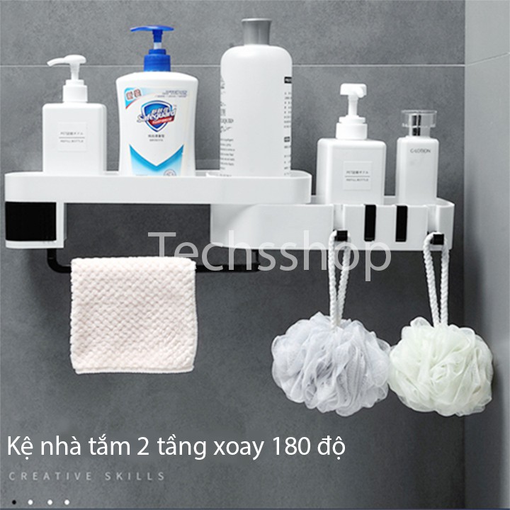 Kệ góc tường xoay 180 độ 2 tầng lắp đặt nhà tắm, nhà bếp - Loại dán tường