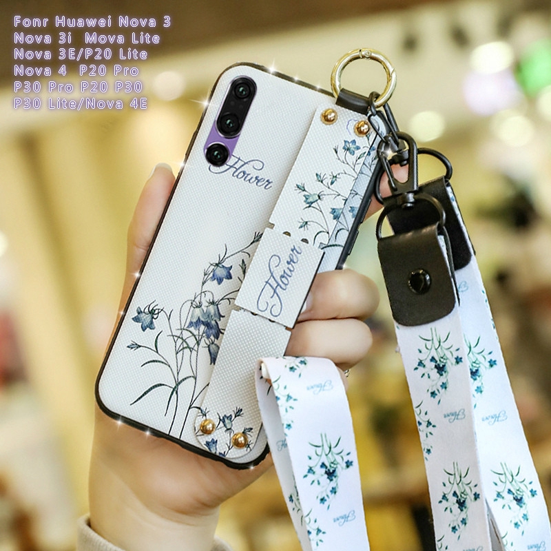 Ốp điện thoại in hoa đẹp mắt có quai đeo cho Huawei P20 P30 Pro Nova 3 3i Lite 3E 4 4E