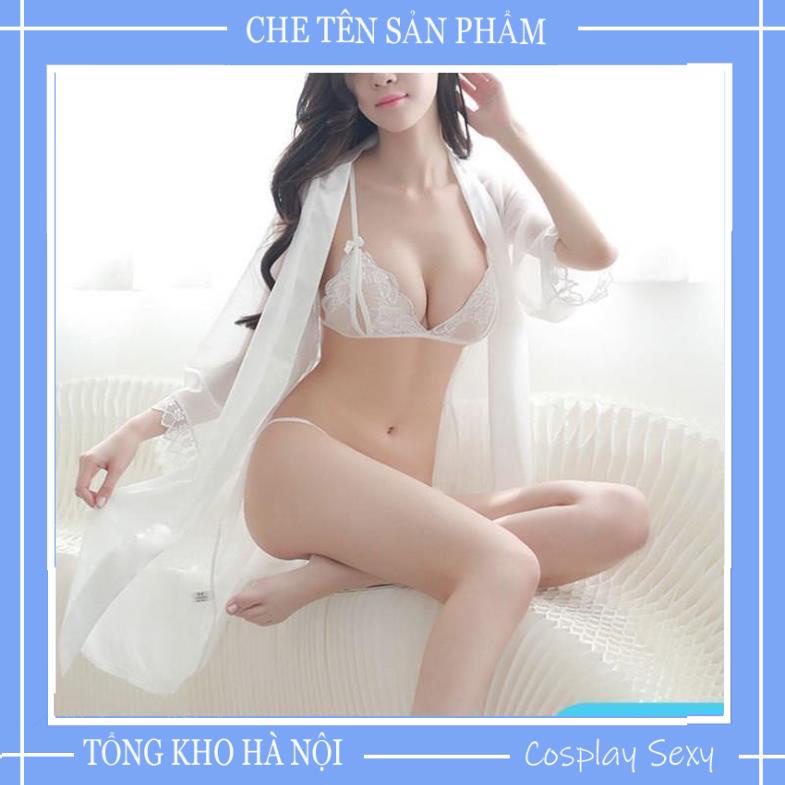 Áo Choàng Ngủ Kèm Set Bikini Cao Cấp, Set Đồ Ngủ Sexy Xuyên Thấu Gồm Áo Choàng + ĐỒ Lót Mã ACBI001, Màu đen,trắng TKVN | BigBuy360 - bigbuy360.vn