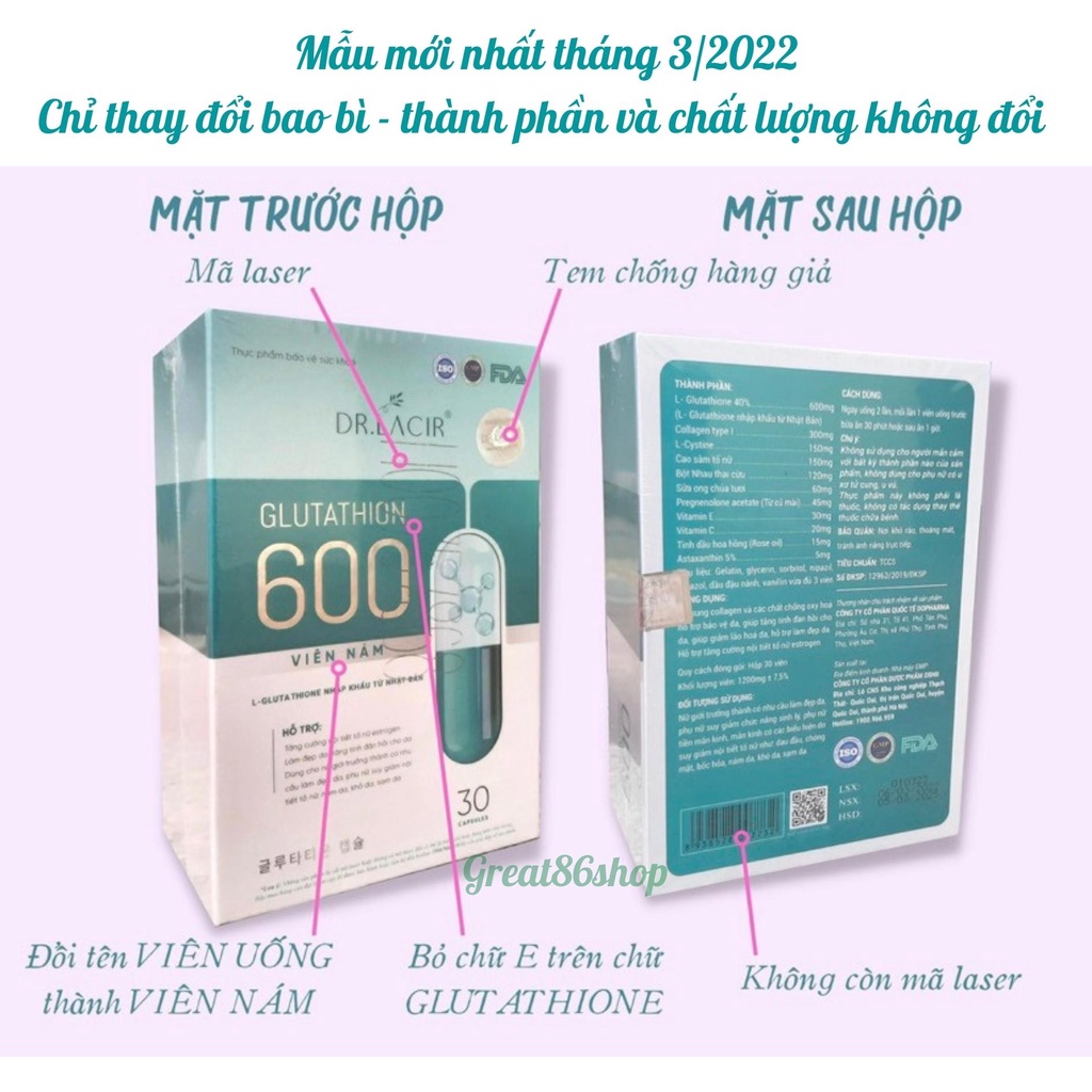 Glutathione 600 great86 Dr Lacir viên uống glutathione trắng da mờ nám cải thiện nội tiết tố nữ giới hộp 30 viê | BigBuy360 - bigbuy360.vn