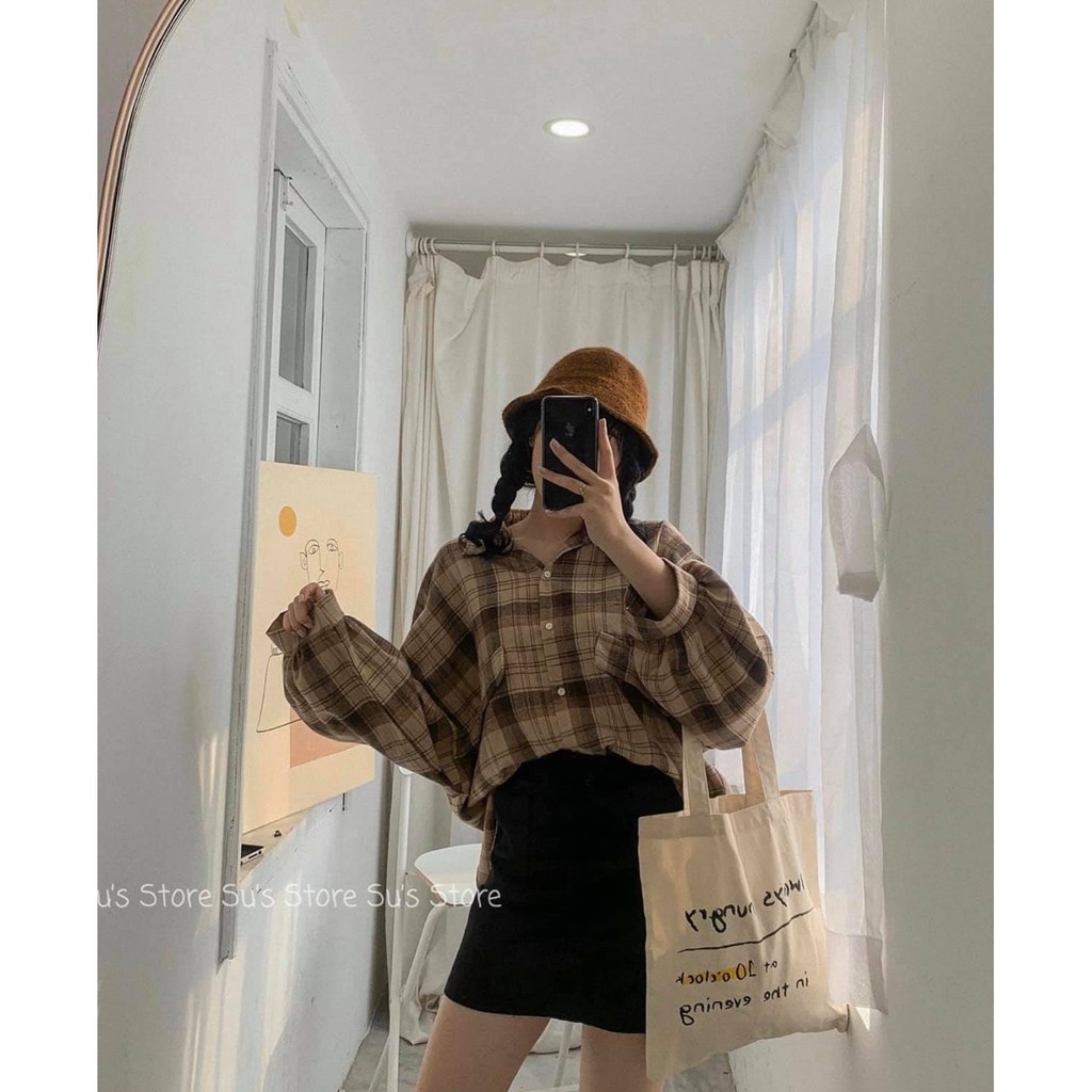 Áo Sơ Mi Nữ - Sơ mi kẻ nâu tay bồng KOREA LE25 | BigBuy360 - bigbuy360.vn