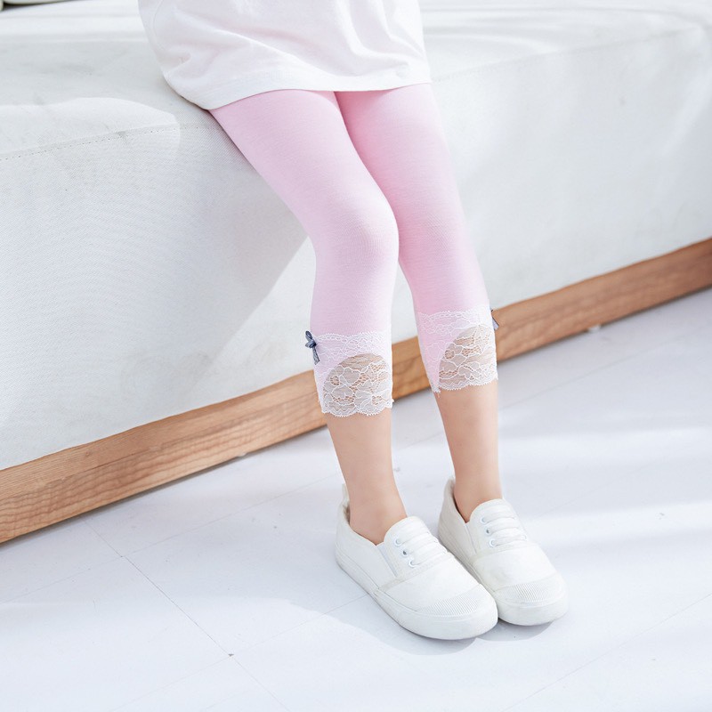 (XẢ 40K- Hàng đẹp video) Quần legging lửng thun cotton xuân hè phối ren bé gái siêu nhẹ mát