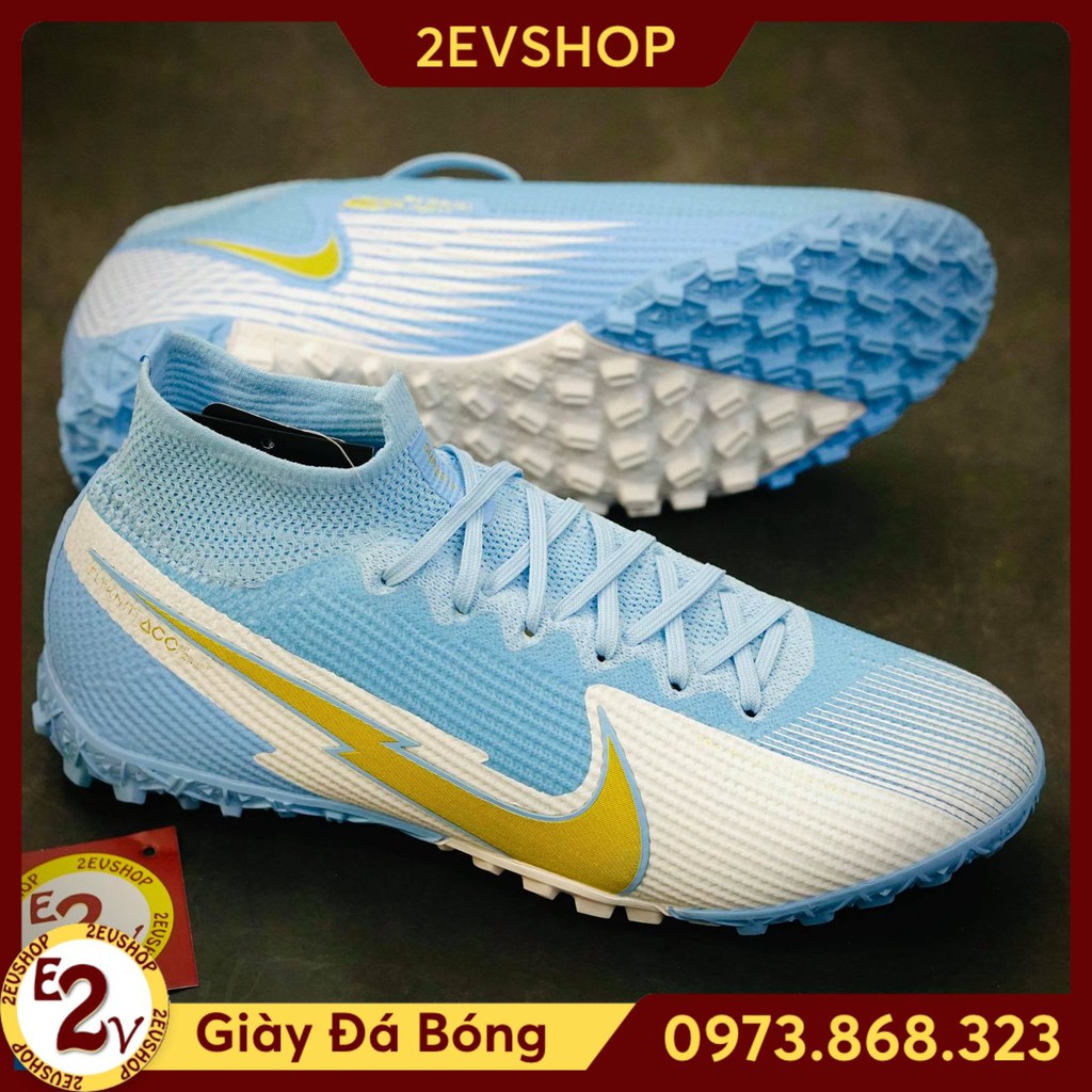 Giày Đá Bóng 𝗧𝗙 𝗡𝗶𝗸𝗲 𝗠𝗲𝗿𝗰𝘂𝗿𝗶𝗮𝗹 𝗩𝗜𝗜 Xanh Ngọc Trắng Cao Cổ Đã Khâu ; * ' ' ₁ :