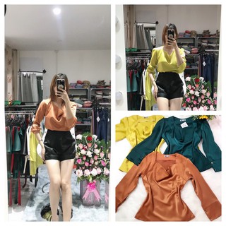Hình thật - áo lụa kiểu tay dài cổ đổ ❤️freeship❤️ áo thiết kế nhiều màu nhiều size chất siêu mát, dày mịn