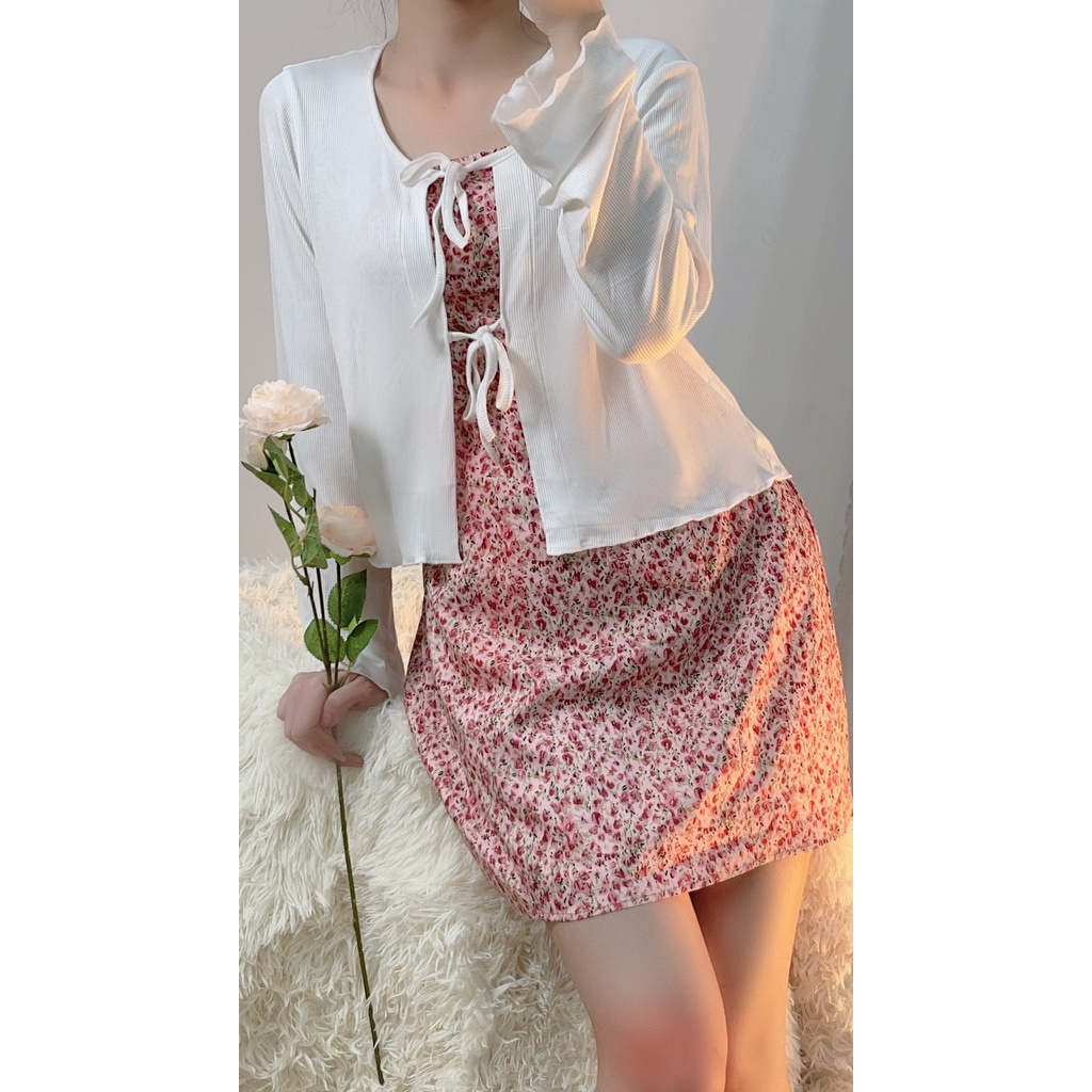 Váy Hai Dây Hoa Nhí Hồng Kèm Áo Cardigan Len Tăm Mỏng HT29 HaLuu Store Phù Hợp Cho Nữ