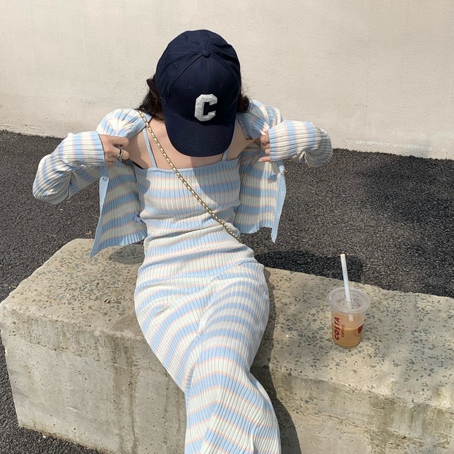 Áo Khoác Cardigan + Áo Hai Dây Dệt Kim Mỏng Thời Trang Mùa Thu