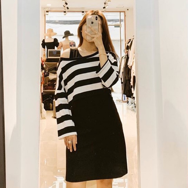 SET ĐẦM THUN ĐEN ÁO CROPTOP SỌC