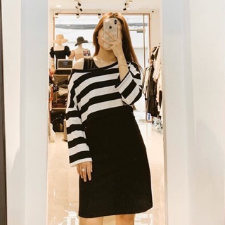 Set đầm thun đen áo croptop sọc
