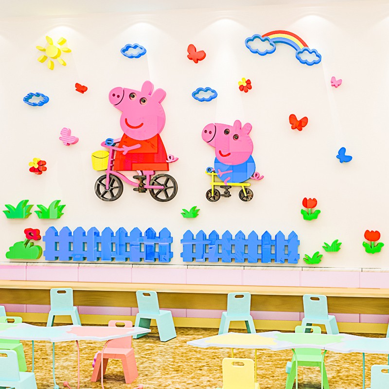 Tranh dán tường 3d cho bé gia đình pepa pig, trang trí mầm non, trang trí khu vui chơi trẻ em