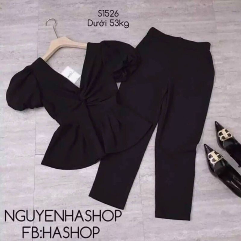 Set áo cổ tim xoắn ngực và quần dài