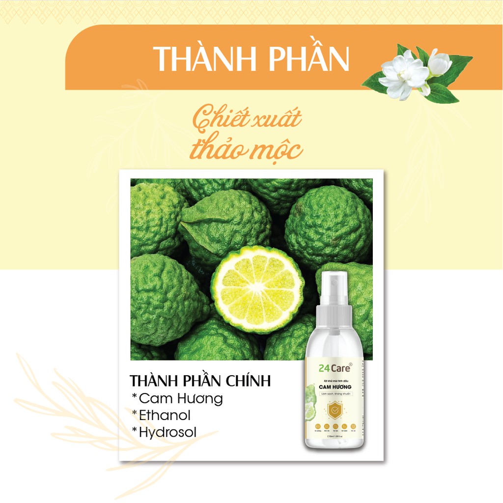 Xịt phòng tinh dầu Cam Hương 50ml 24Care - kháng khuẩn, khử mùi hôi, đuổi muỗi, côn trùng