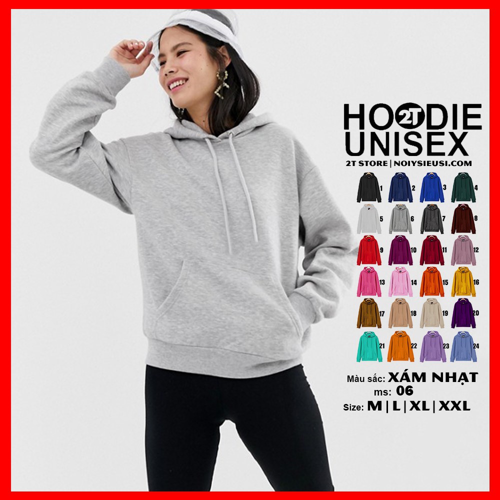 ✺Áo hoodie unisex 2T Store H06 màu xám nhạt - khoác nỉ chui đầu nón 2 lớp dày dặn chất lượng đẹp