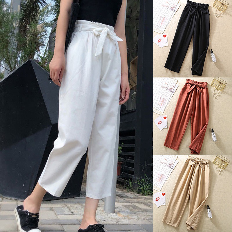 Quần nữ lưng thun ống rộng đính nơ | BigBuy360 - bigbuy360.vn