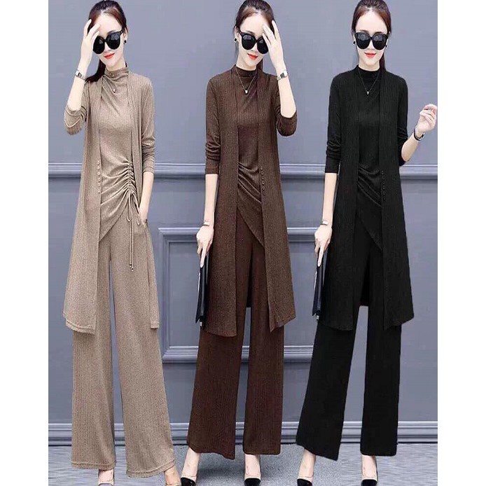 Set Len Quần Dáng Suông - Bộ Quần Áo Len Nữ Dáng Dài 3 Món Rút Gấu Kèm Áo Khoác Phong Cách Tổng Tài
