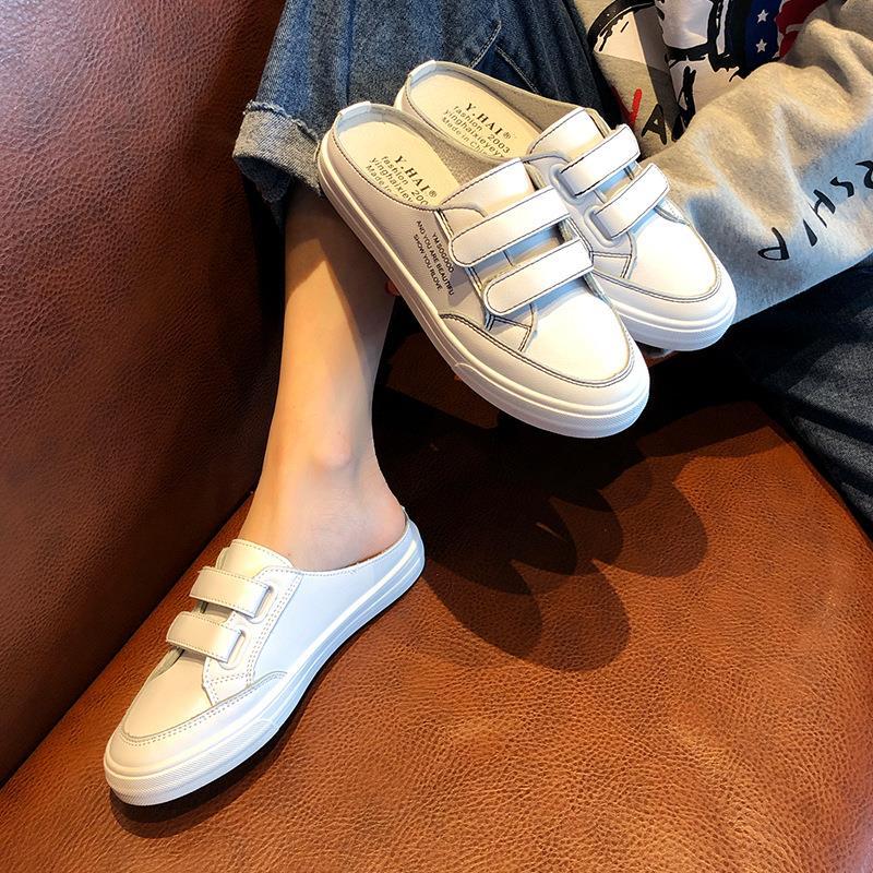 Hook and Loop Fasteners Thick Bottom Leather Semi Slipper White Shoes Heel-Free Casual Half-Support Board Shoes