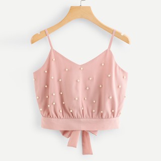 Áo chiffon nữ không tay đính ngọc trai nhân tạo